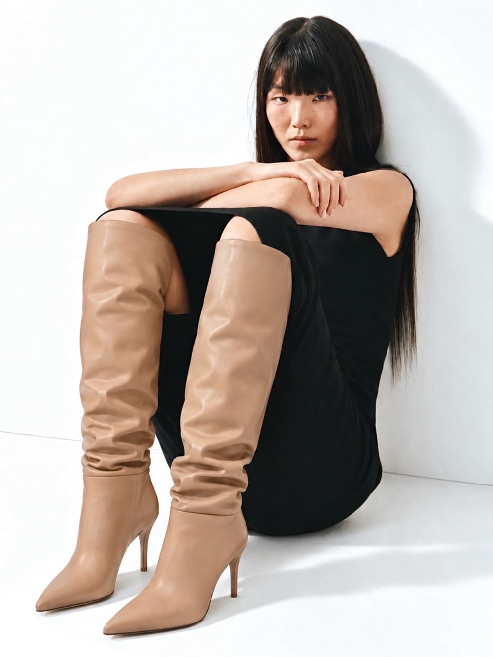 Zara Studio Knee-High Soft Tan Real Leather Heeled Boots US 8/EU 39